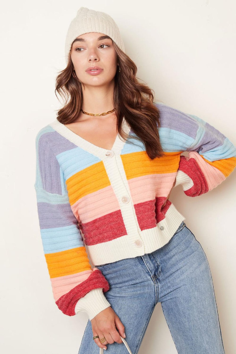 Strickjacke mit Ballonärmeln - mehrfarbig Weißes Multi S/M h5Bild3